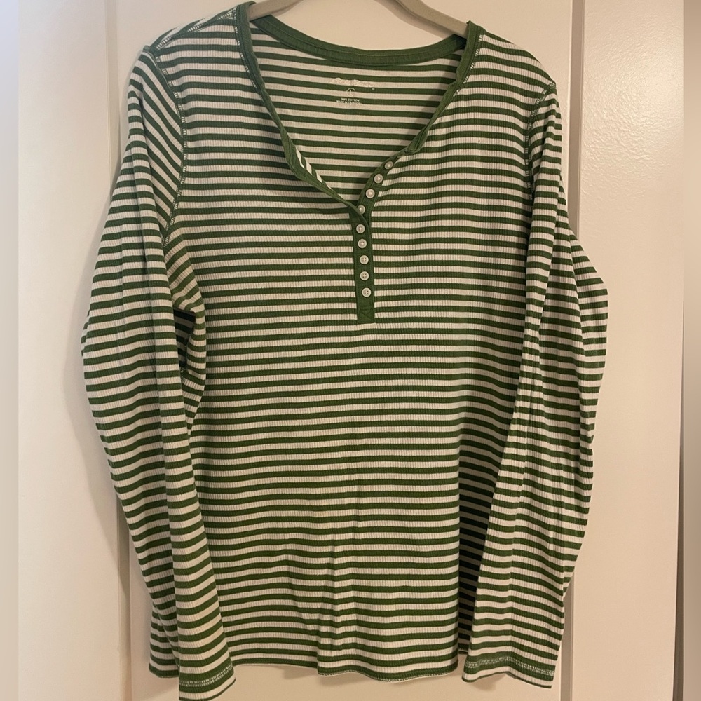 Eddie Bauer Green and White Striped Henley